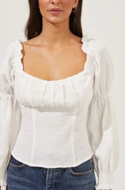 Long Sleeve Ruched Bust Top 22 Long Sleeve Ruched Bust Top -Sundress Haven AT16418 WHITE 6