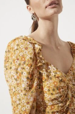 Ruched Sleeve Sweetheart Top -Sundress Haven AT16558 MUSTARD ORANGE DITSY 1022