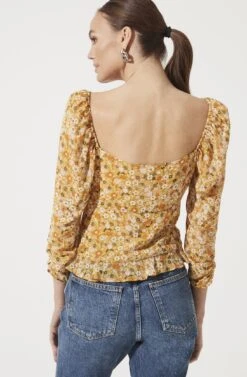 Ruched Sleeve Sweetheart Top -Sundress Haven AT16558 MUSTARD ORANGE DITSY 1023