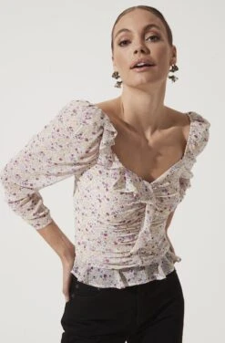 Ruched Sleeve Sweetheart Top -Sundress Haven AT16558 PURPLE MUSTARD DITSY 1025