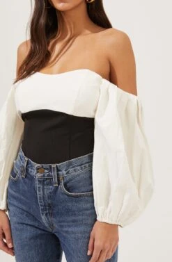 Off The Shoulder Long Sleeve Bodysuit -Sundress Haven AT16671 BLACK IVORY 3