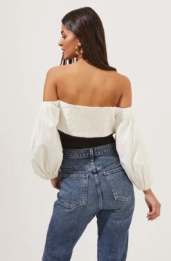 Off The Shoulder Long Sleeve Bodysuit -Sundress Haven AT16671 BLACK IVORY 5