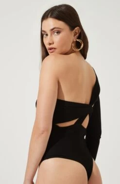 Twist Back One Sleeve Bodysuit -Sundress Haven AT16750 BLACK 6