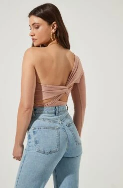 Twist Back One Sleeve Bodysuit -Sundress Haven AT16750 BLUSH 4