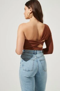 Twist Back One Sleeve Bodysuit -Sundress Haven AT16750 BROWN 4
