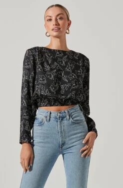 Pleated Shoulder Long Sleeve Floral Top