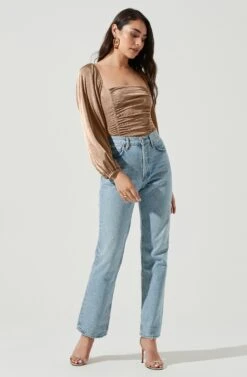 Ruched Long Sleeve Square Neck Bodysuit -Sundress Haven AT16959 BROWN 1