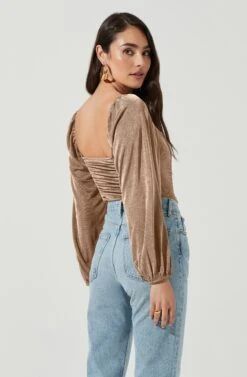 Ruched Long Sleeve Square Neck Bodysuit -Sundress Haven AT16959 BROWN 4