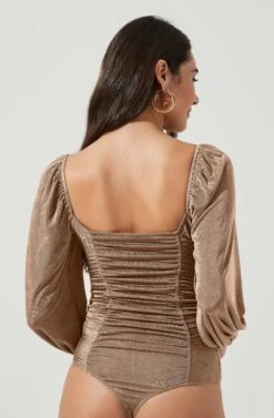 Ruched Long Sleeve Square Neck Bodysuit -Sundress Haven AT16959 BROWN 5