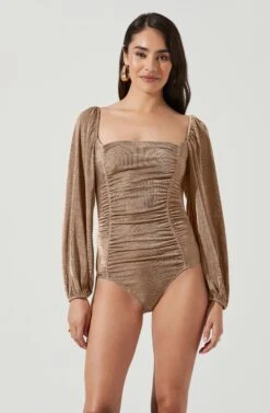 Ruched Long Sleeve Square Neck Bodysuit -Sundress Haven AT16959 BROWN 6