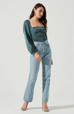 Ruched Long Sleeve Square Neck Bodysuit -Sundress Haven AT16959 SAGE 1