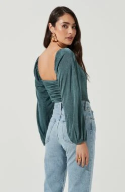 Ruched Long Sleeve Square Neck Bodysuit -Sundress Haven AT16959 SAGE 4