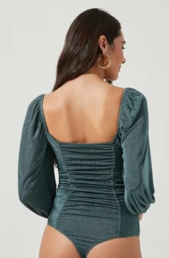 Ruched Long Sleeve Square Neck Bodysuit -Sundress Haven AT16959 SAGE 5