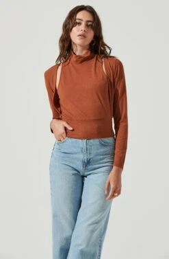 Long Sleeve Mock Neck Shrug -Sundress Haven AT16970 BROWN 6