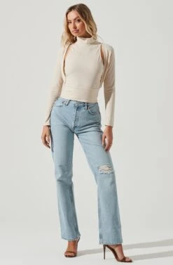 Long Sleeve Mock Neck Shrug -Sundress Haven AT16970 CREAM 3