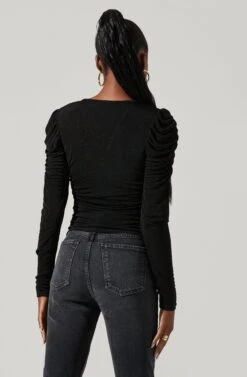Ruched Front Long Sleeve Top -Sundress Haven AT16978B BLACK 2