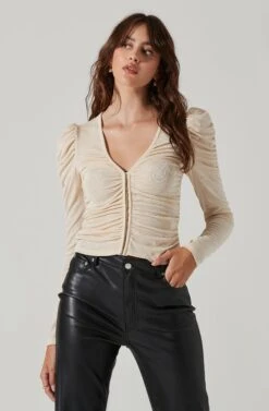 Ruched Front Long Sleeve Top -Sundress Haven AT16978B CREAM 2