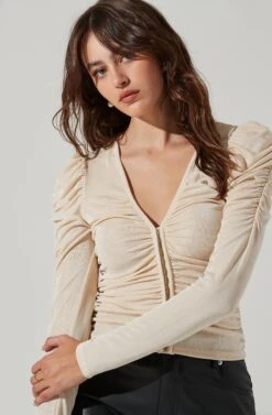 Ruched Front Long Sleeve Top -Sundress Haven AT16978B CREAM 3