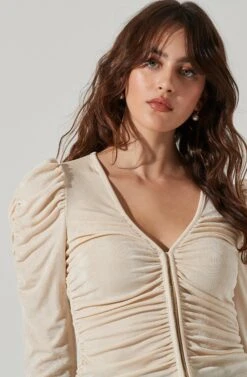 Ruched Front Long Sleeve Top -Sundress Haven AT16978B CREAM 4