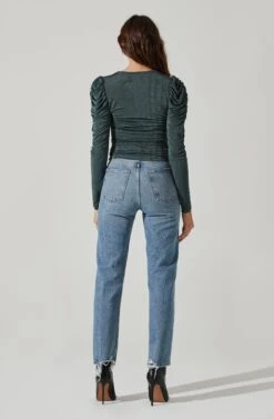 Ruched Front Long Sleeve Top -Sundress Haven AT16978B GREEN 4