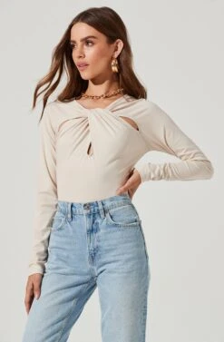 Multi Cutout Long Sleeve Bodysuit -Sundress Haven AT17022 BONE 1520