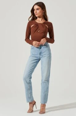 Multi Cutout Long Sleeve Bodysuit -Sundress Haven AT17022 BROWN 1849