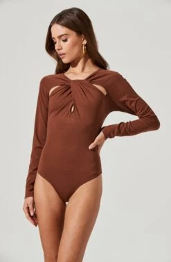 Multi Cutout Long Sleeve Bodysuit -Sundress Haven AT17022 BROWN 1871