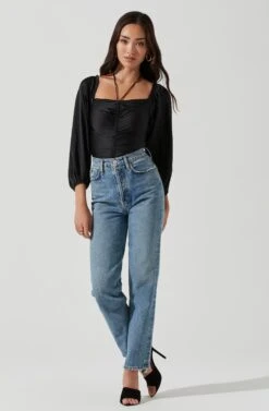 Long Sleeve Cinch Center Convertible Neckline Bodysuit -Sundress Haven AT17059 BLACK 1398 61cbe010 e125 4a26 89e9 869ad40087d7