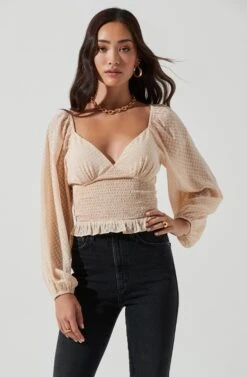 Long Sleeve Smocked Top 24 Long Sleeve Smocked Top -Sundress Haven AT17109 CREAM 0924