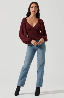 Long Sleeve Smocked Top 31 Long Sleeve Smocked Top -Sundress Haven AT17109 WINE 1149