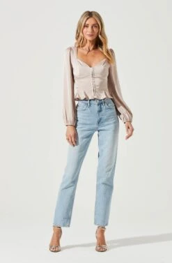 Long Sleeve Hook & Eye Front Peplum Top -Sundress Haven AT17193 NUDE 1