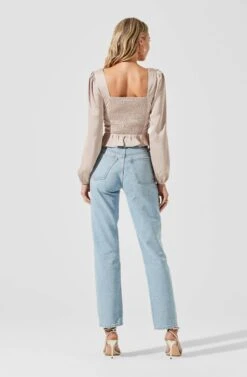 Long Sleeve Hook & Eye Front Peplum Top -Sundress Haven AT17193 NUDE 4