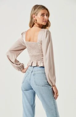 Long Sleeve Hook & Eye Front Peplum Top -Sundress Haven AT17193 NUDE 5