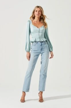 Long Sleeve Hook & Eye Front Peplum Top -Sundress Haven AT17193 SAGE 1