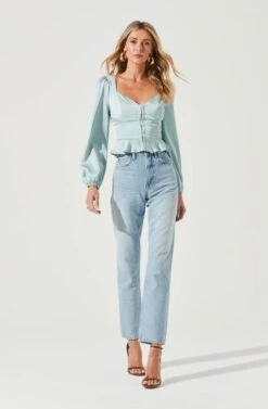 Long Sleeve Hook & Eye Front Peplum Top -Sundress Haven AT17193 SAGE 2