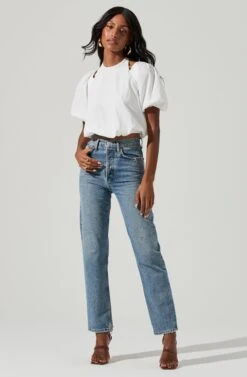 Short Sleeve Shoulder Cutout Tie Neck Top -Sundress Haven AT17199 WHITE 0933