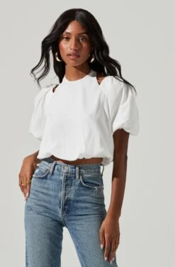 Short Sleeve Shoulder Cutout Tie Neck Top