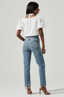 Short Sleeve Shoulder Cutout Tie Neck Top -Sundress Haven AT17199 WHITE 0943