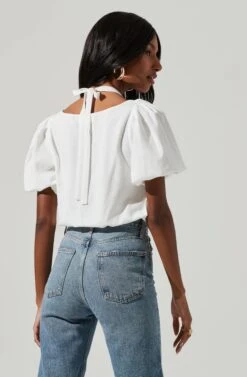 Short Sleeve Shoulder Cutout Tie Neck Top -Sundress Haven AT17199 WHITE 0948