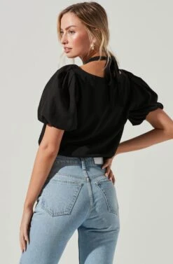 Short Sleeve Shoulder Cutout Tie Neck Top -Sundress Haven AT17199 BLACK 1490