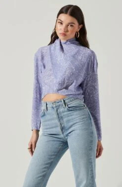 Long Sleeve Drape Tie Back Neck Back Top -Sundress Haven AT17208 PERIWINKLESKETCH 2