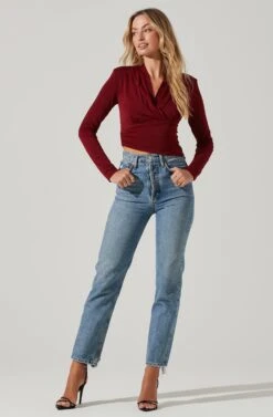 Shawl Collar Wrapped Long Sleeve Top 23 Shawl Collar Wrapped Long Sleeve Top -Sundress Haven AT17304 BURGUNDY 1