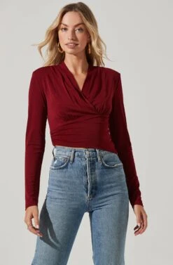 Shawl Collar Wrapped Long Sleeve Top 22 Shawl Collar Wrapped Long Sleeve Top -Sundress Haven AT17304 BURGUNDY 4