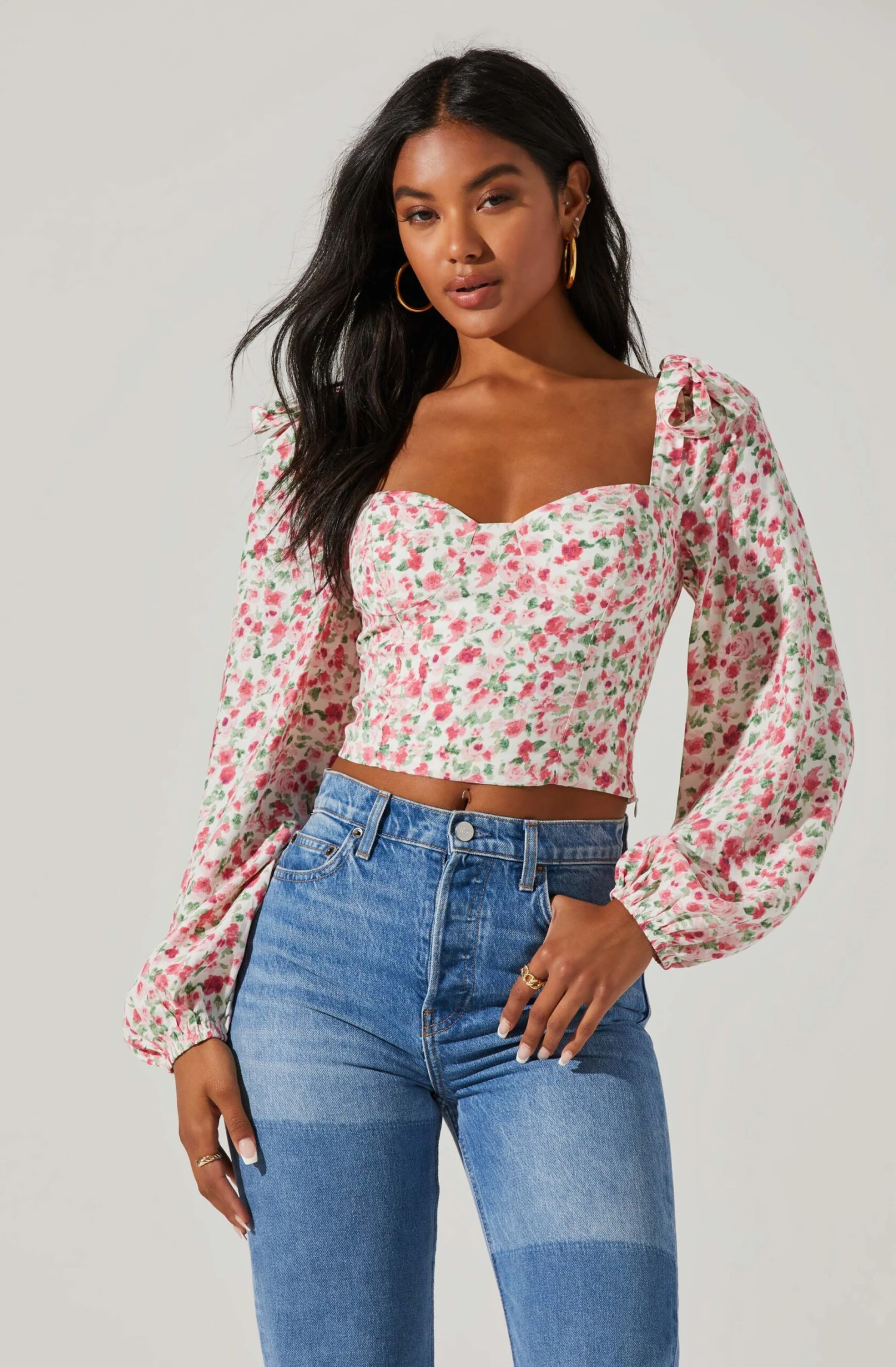 Floral Tie Shoulder Long Sleeve Top 1 Floral Tie Shoulder Long Sleeve Top