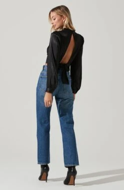 Long Sleeve Mock Neck Open Tie Back Top 23 Long Sleeve Mock Neck Open Tie Back Top -Sundress Haven AT17512 BLACK 5