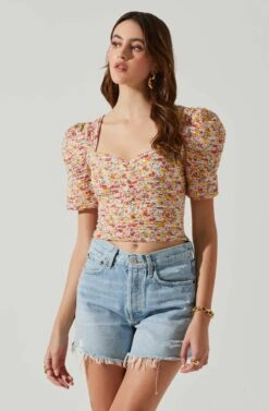 Floral Smocked Sweetheart Neck Puff Sleeve Top -Sundress Haven AT17552 PINKREDMULTIFL 4