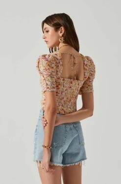 Floral Smocked Sweetheart Neck Puff Sleeve Top -Sundress Haven AT17552 PINKREDMULTIFL 5