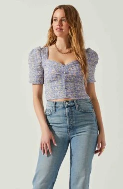 Floral Smocked Sweetheart Neck Puff Sleeve Top -Sundress Haven AT17552 PURPLEBLUEDITSY 3