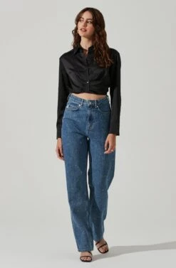 Sutton Satin Button Up Crop Top -Sundress Haven AT17617 BLACK 2