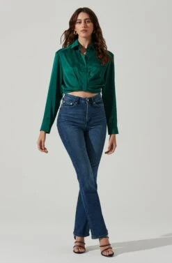 Sutton Satin Button Up Crop Top -Sundress Haven AT17617 HUNTERGREEN 1